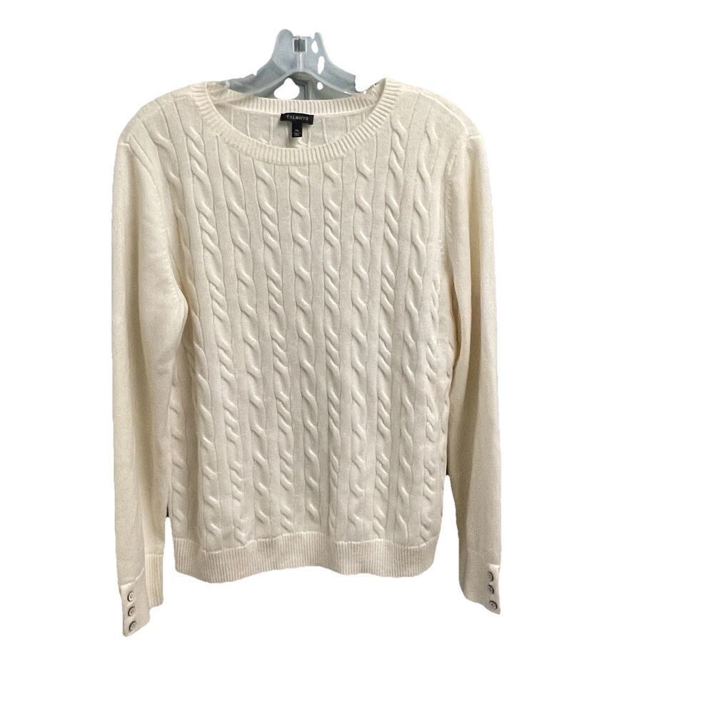Talbots Cable Knit Sweater Crewneck Pullover Cream Button Cuff SZ XL Minimalist